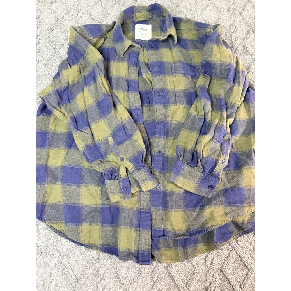 Aerie Plaid Flannel Shirt Womens L Blue & Green Oversized Button Down